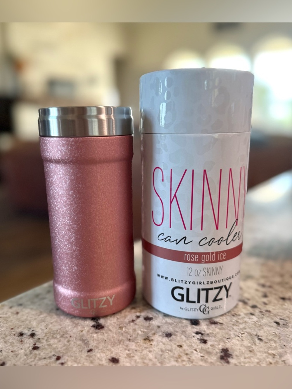 Glitzy Girlz Skinny Can Cooler in “ROSE GOLD ICE”